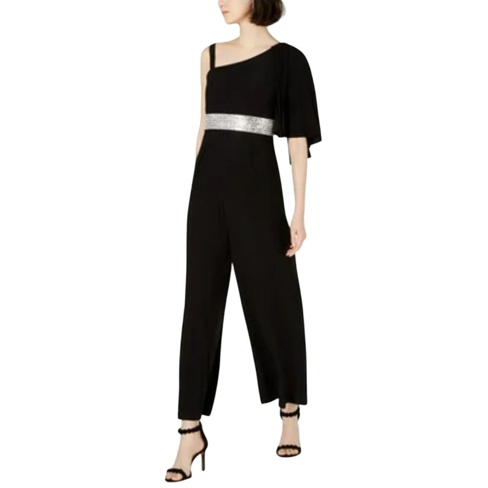 R&M Richards Black Jumpsuit Beaded Ruffled One-Shoulder Wide Leg Pant Size 10